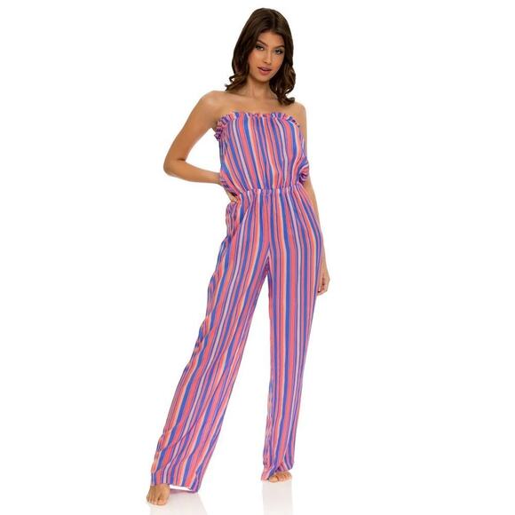 Luli Fama Play Time Ruffle Strapless Striped Jumpsuit Women's Size X-Small XS - Picture 1 of 5